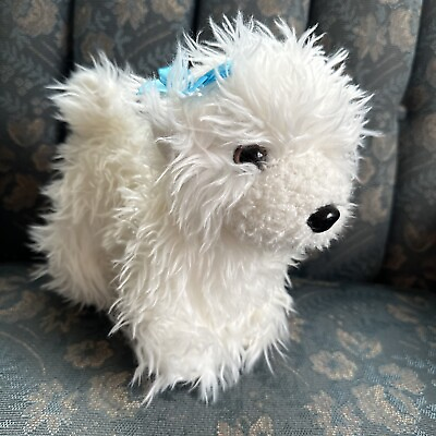 #ad White Dog Plush Terrier Yorkie Llasa Apso w Blue Bow 9quot; long puppy dog $14.99