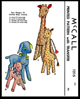 #ad McCall 1215 Stuffed Animals Craft Fabric Sewing Pattern Giraffe Lamb Vintage 50s $5.49