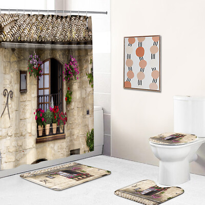 #ad 4 Pcs Stone House Shower Curtains Set with Hooks Brown Bathroom Accessories Set $37.90