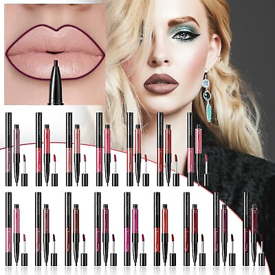 #ad Two In One Lip Liner Lipstick Double Headed Matte Non Stick Cup Lip Glaze Gloss $2.53