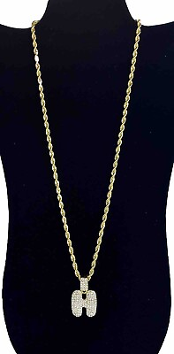 #ad Letter ‘H’ Initial Iced CZ Gold Plated Pendant 1.75” amp; Rope Chain Necklace 24” $9.84