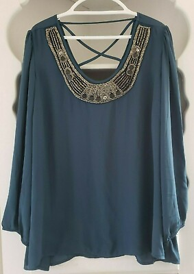 #ad Maurices Blouse Plus Size 3X Teal Blue Shirt Semi Sheer Jeweled Beaded Neck Top $24.95