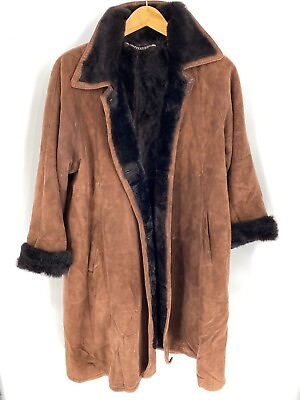#ad VTG Genuine Brown Shearling Sheepskin Fur Suede Long Swing Coat Women#x27;s Sz XL $145.00