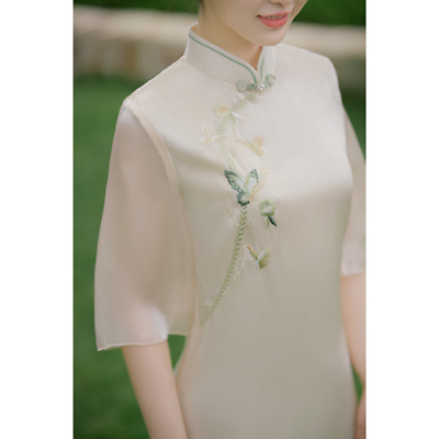 #ad Chinese Beige Cheongsam Embroidery Women Wedding Evening Dress Long Dresses $45.63