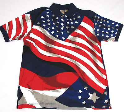#ad AOP Patriotic Polo Shirt Men#x27;s Medium cT Red White Blue Stars Stripes 049 $12.50