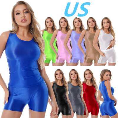 #ad US Womens Glossy Stretchy 2Pcs Outfits Tank TopBoxer Shorts Yoga Sportwear $14.91