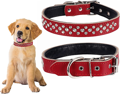 #ad Rhinestones Pet Dog Collars Adjustable Sparkly Crystal Studded Genuine Leather P $23.74