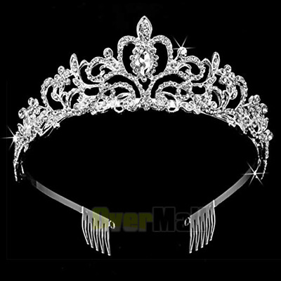 #ad Bridal Princess Crystal Tiara Wedding Crown Veil Hair Accessory SilverTwo Combs $10.99
