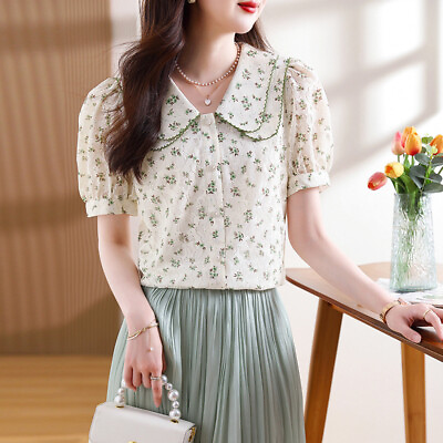 #ad Women Summer Short Sleeve V Neck Printing Button Sweet Elegant Shirt Blouse Tops $5.62