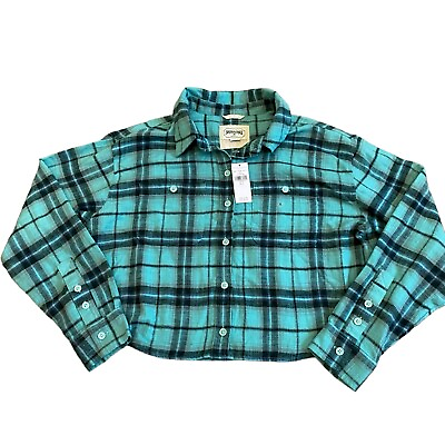 #ad NWT American Eagle Women#x27;s S Cropped Plaid Blue Green Flannel Button Up Shirt $19.99