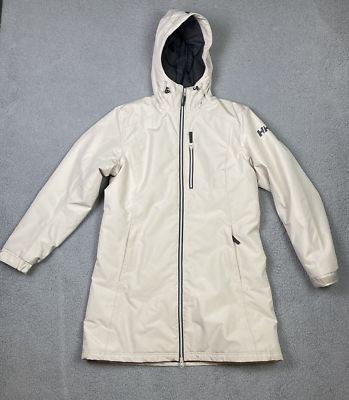 #ad Helly Hansen Belfast Long Coat Womens Large Ivory Primaloft Jacket Hood Zip $48.95