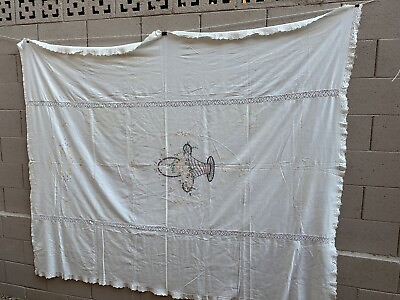 #ad Vntg 1940 50s Cotton Bobbin Lace Edged Bedspread w Charming Flower Basket Motif $59.99