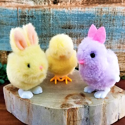 #ad VTG Wind Up Hopping Baby Chicks Bunny Rabbit Plush Toy Easter Basket Fill Lot 3 $32.00
