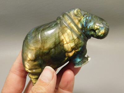 #ad Hippopotamus Figurine Labradorite Hand Carved 3.5 inch Stone Animal #O57 $286.00