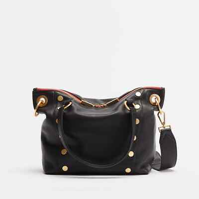 #ad Hammitt Daniel Medium Leather Handbag In Black Brushed Gold Red Zip MSRP $625 $455.00