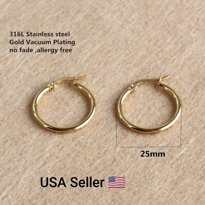 #ad 316L Stainless Steel Round Hoop Earrings Gold Vacuum Plating 25mm Hoops Earrings $5.79