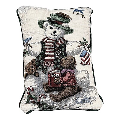 #ad Tapestry Pillow Snowman Bear Artist Kruskamp Janet Green Backing 16” X 12” $28.00