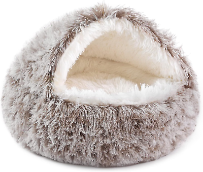#ad Dog Bed round Hooded Plush Cat Cave Donut anti Anxiety Fluffy Dog Bed for Small $66.61