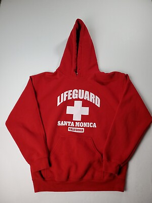 #ad Santa Monica California Lifeguard Hoodie Medium Adults Red Pullover Sweatshirt $11.90
