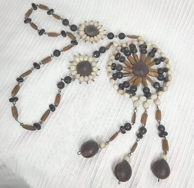 #ad Vtg 60s Medallion Necklace Wire Natural Bead Hippie Seeds NutShell 30quot; Long Rare $72.80
