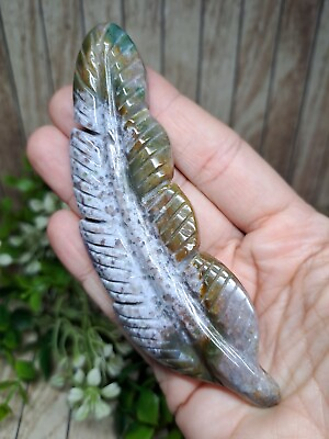 #ad Rainbow Moss Agate Crystal Feather Carving 11.5cm Display Frame Hand Carved GBP 22.00
