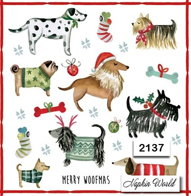 2137 TWO Individual Paper LUNCHEON Decoupage Napkins CHRISTMAS DOGS BREEDS $1.95