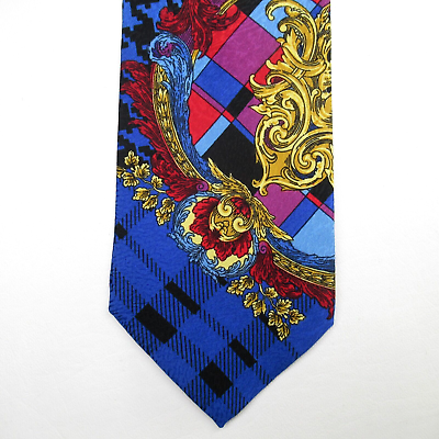 #ad Gianni Versace Vintage 90s Tie Silk Baroque Garden Tartan Plaid Multicolor Lined $127.27