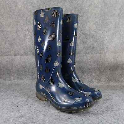 #ad Toms Shoes Womens 7 Rain Boots Rubber Print Pull On Cabrilla Round Toe Blue Tall $44.97