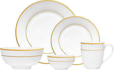 #ad Bone China Dinnerware 20PC Set Service for 4 Double Gold Rim White Safe $71.82
