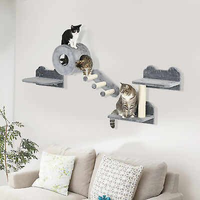 PawHut Cat Wall Shelves with Condo Scratching Post Platforms 3 Steps Gray $49.99