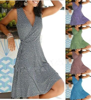 #ad Women Summer Tank Dress V Neck Sleeveless Casual Print Loose Short Dress $21.99