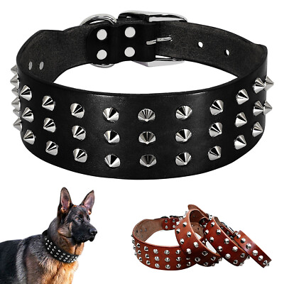 #ad Genuine Leather Dog Collar Spiked Rivets Studded Heavy Duty for Small Large Dogs $20.99