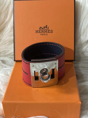 #ad Hermes Red Leather Palladium Plated Kelly Dog Bracelet $465.00