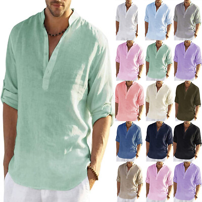 #ad Mens Solid Linen Beach Shirts Cotton Casual Loose Long Sleeve Shirt Blouse Tops $18.99