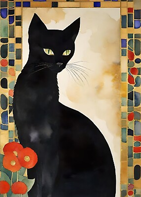 #ad 5x7 Cat Kitten Black Art Deco Vintage Style Print Painting By Artist Luna A1 $14.99