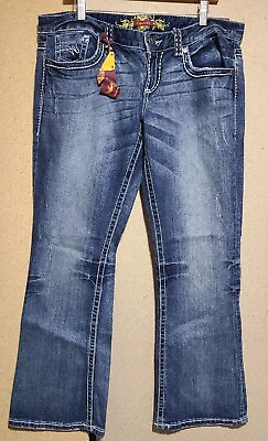 #ad New Maunces Regular Distressed Blue Denim Embroidered Pockets Women Jeans 15 16 $18.89