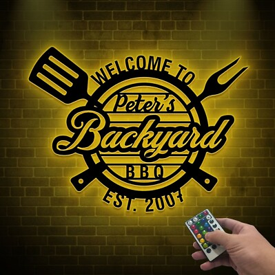 #ad Personalized Backyard BBQ Metal Sign with Led Lights BBQ Grill Metal Wall Decor $136.99