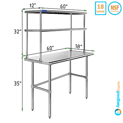 #ad 18quot; x 60quot; Stainless Steel Open Base Table With 12quot; Wide Double Tier Overshelf $494.95