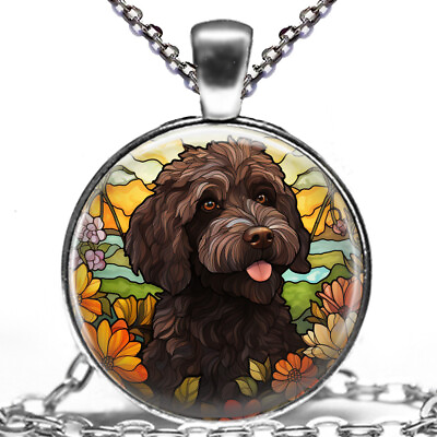 #ad Faux Stained Glass Art Flowers amp; Black Labradoodle Dog Gift Pendant Necklace 24quot; $13.45