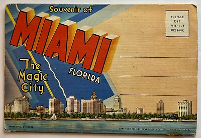 #ad Vtg 1934 Linen Postcard Foldout MIAMI Florida 18 Mint Lithos Souvenir Unused EC $37.00