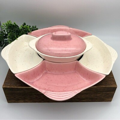 #ad California Pottery Serving Set Pink And Cream Relish Veggie Appetizer MCM Vtg $30.60