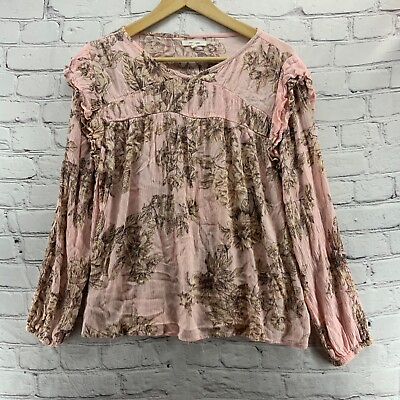 #ad Maurices Blouse Top Pink Womens Sz L Floral Print Rayon Long Sleeved $13.39