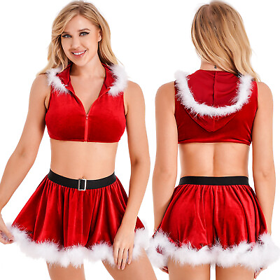 Women Christmas Costumes Feather Trim Hooded Velvet Crop Tops Ruffle Skirts $23.83