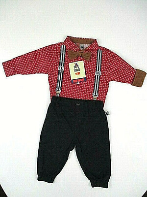 #ad DOG SPORT Outfit Boys 3 6 mos Maroon L S Shirt Faux Suspenders Pants HOLIDAY NWT $10.99