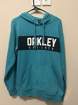 #ad Oakley Hoodie Mens Size Large Blue Pullover Spellout Sweatshirt Distressed $14.31
