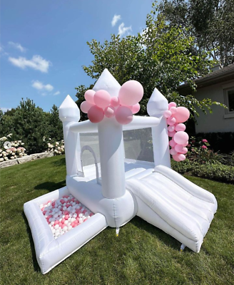 #ad Kids Party 9ft Moonwalk Inflatable White Bounce House With Ball Pit For Toddlers $199.00
