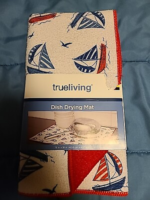 #ad True Living Dish Drying Mat Sailboats Red White Navy 16” X 18” Red Back $13.00