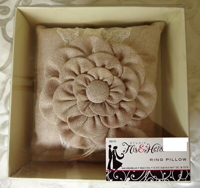 #ad Burlap Wedding Ring Pillow Large Flower Lace Floral Tan Beige Brown His Hers $9.94