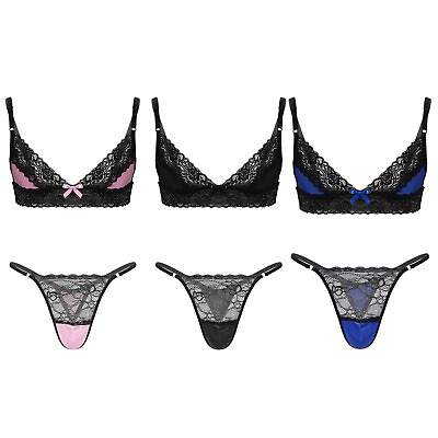 #ad Sissy Crossdress Lingerie Set Mens Wire free Lace Bra Tops with Thongs Underwear $8.73