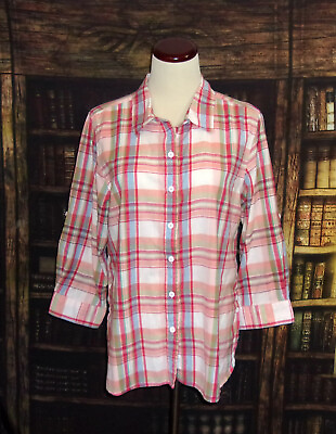 #ad Rebecca Malone Top Blouse Large Red Multicolor Plaid Womens 3 4 Sleeve Collared $12.99